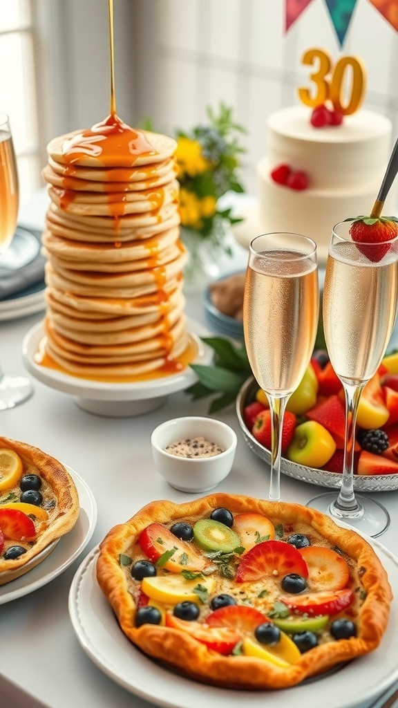 Brunch table with pancakes, quiche, fruit platter, and champagne for a 30th birthday party.